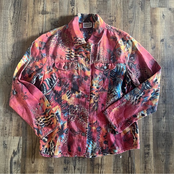Chico's Design Women's Linen Blend Button Up Jacket Animal Print Artsy Size 1 - Picture 1 of 6